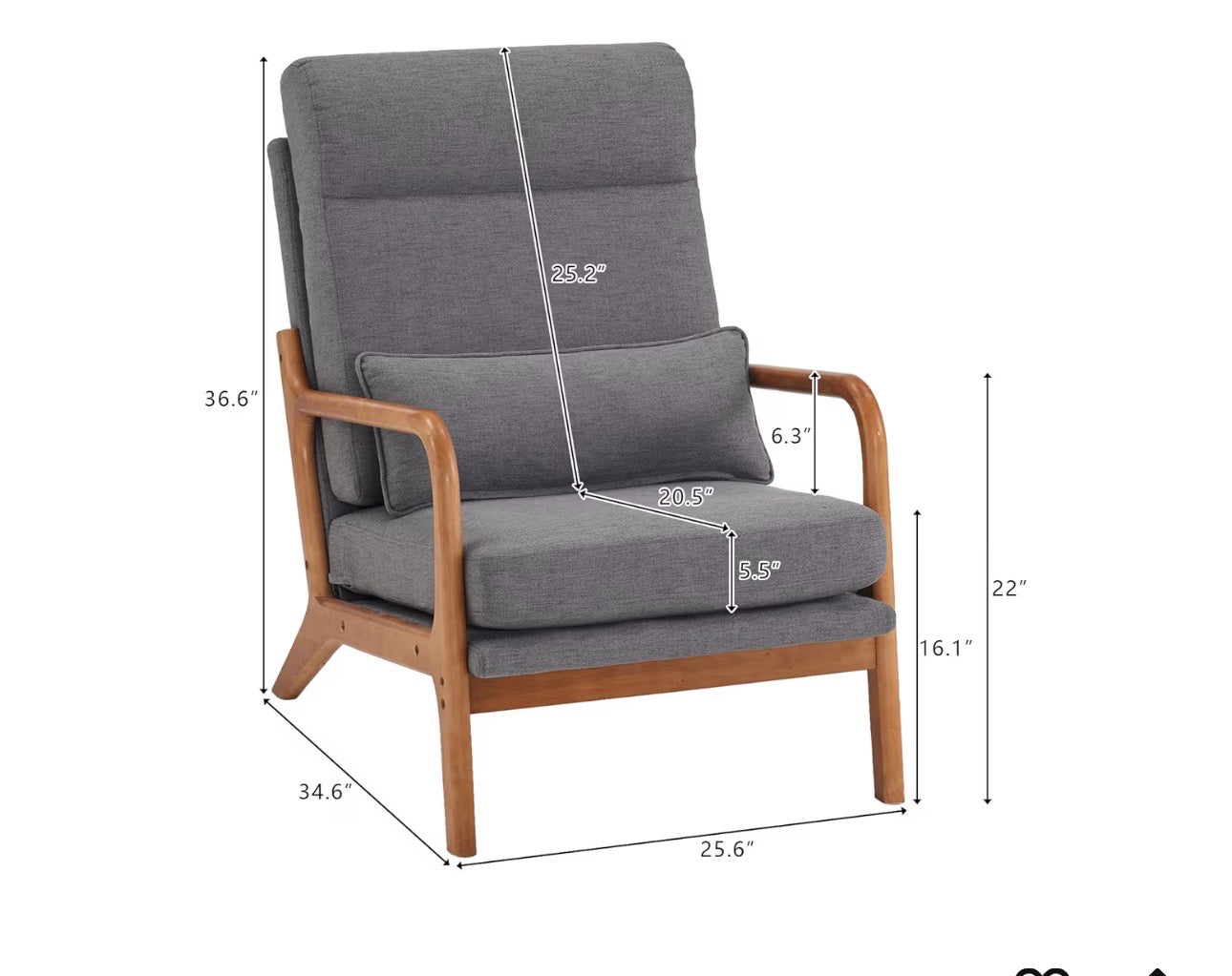 NEW- Bonnlo High Back Linen Dark Grey Mid Century Modern Accent Chair, Soild Wood Padding Lounge Armchairs Side Sitting Chairs for Living Room, Bedroom, Guest Room