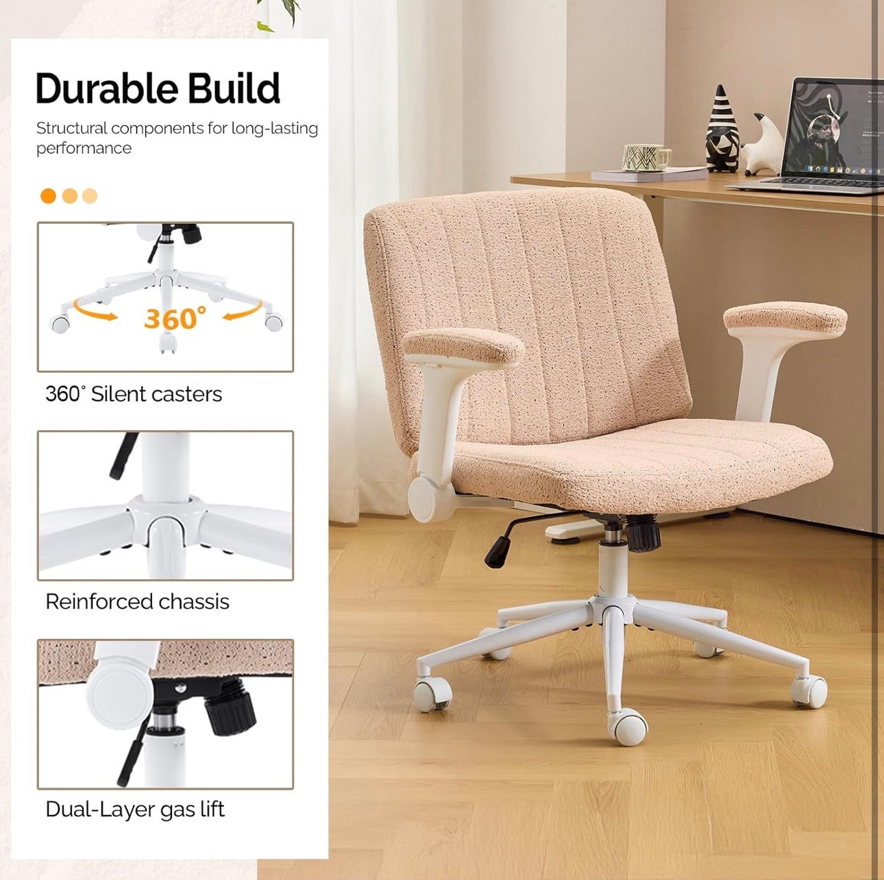 NEW- VINGLI Criss Cross Chair with Adjustable Flip-Up Arms,Cross Legged Chair with Wheels,Extra Wide Office Chair,Desk Chair for Home Office, Vanity, Bedroom, Apartment,Starry Chenille, Pink