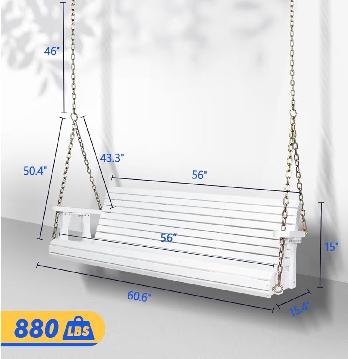 NEW- VINGLI Upgraded Patio Wooden Porch Swing for Courtyard & Garden, Heavy Duty 880 LBS Swing Chair Bench with Hanging Chains for Outdoors (5 FT, White)