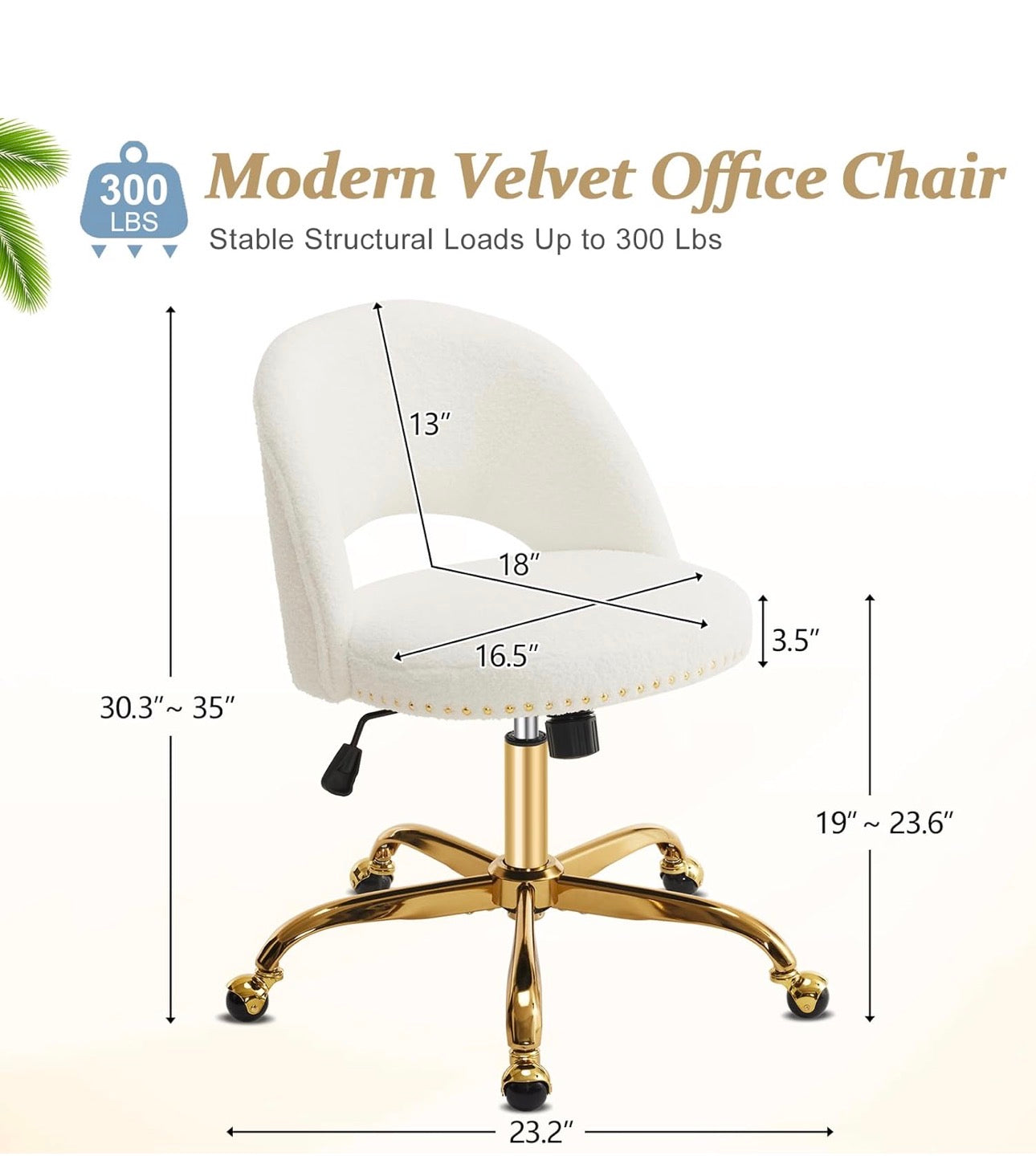NEW- VINGLI Modern Teddy Fluffy Small Office Chair,Cute Desk Chair with Wheels,Gold Base/Studs, Comfy Armless Swivel Vanity Task Chair for Women/Girl/Kids, Nail Tech Chair for Bedroom, Small Space, White