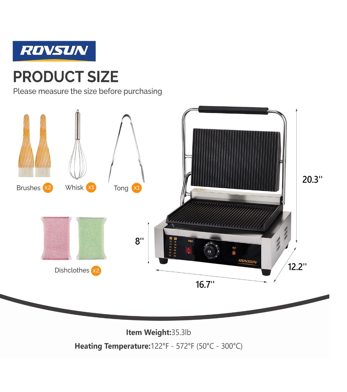 NEW- ROVSUN 811E Commercial Panini Press Grill, 2200W Stainless Steel Electric Countertop Sandwich Maker with Adjustable Temp 122°F-572°F, For Steak, Burgers, Home & Restaurant Use, 110V, Silver