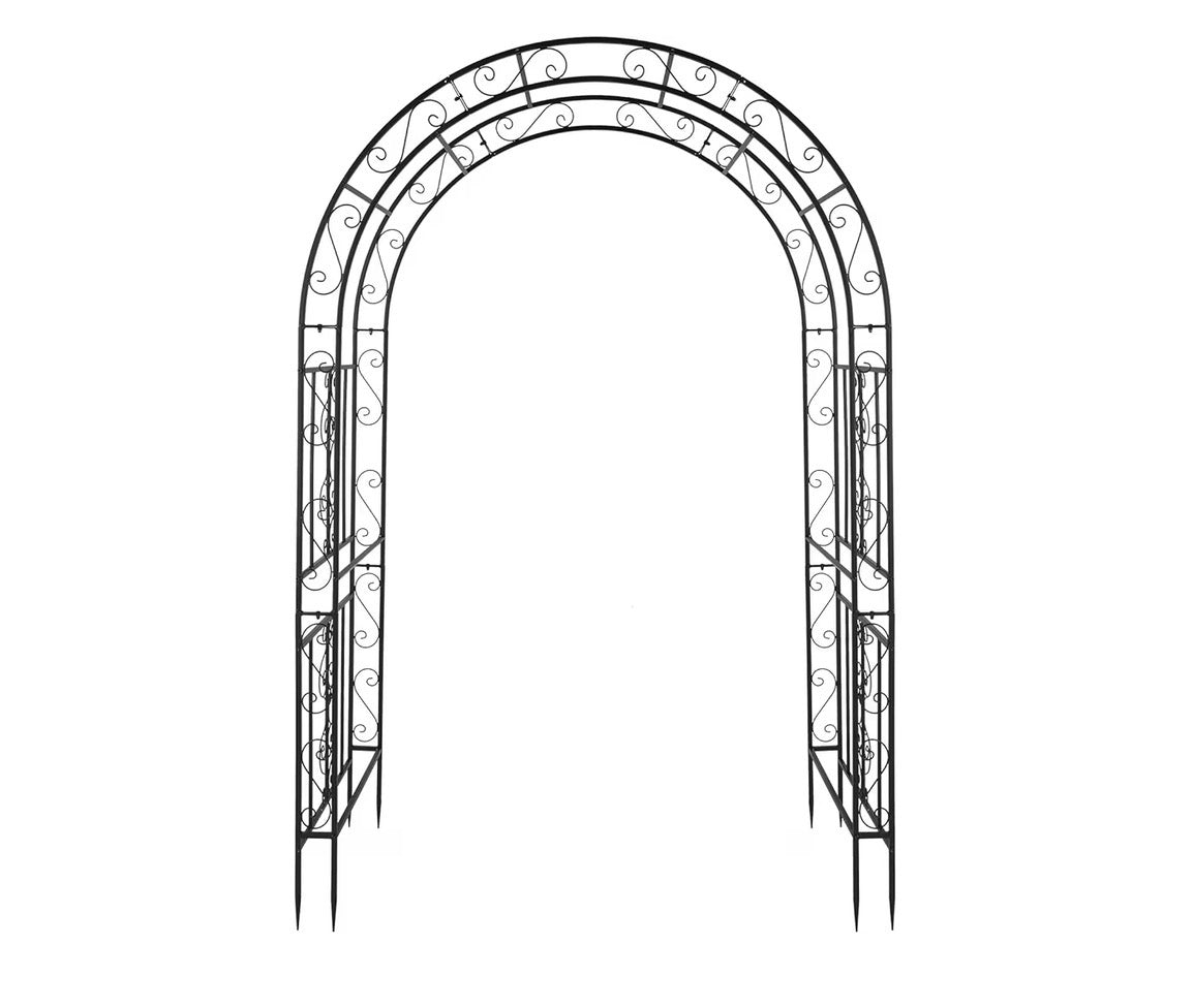 USED LIKE NEW- 7FT Heavy Duty Double Layer Iron Art Arc Top Iron Arch Black Steel, Garden Arbor with Side Garden Trellis, Rust-Resistant Powder Coated Wedding Arch Archway for Backyard, Vine Plants & Outdoor Decor - Includes Ground Stakes & Easy Assembly