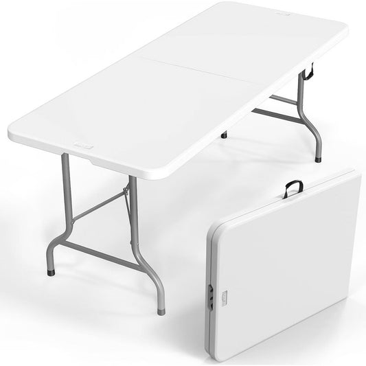 USED LIKE NEW- VINGLI 6 Foot Plastic Folding Table Portable Long White Table for Indoor Outdoor Use Rectangular with Carrying Handle