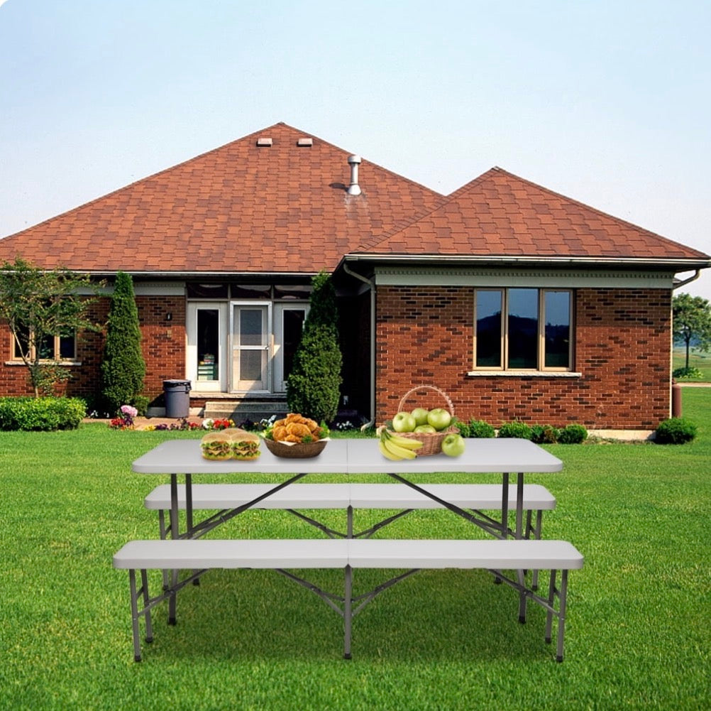 NEW- VINGLI 6 ft 3-Piece Portable Picnic White Table Bench Set, Weather-Resistant Plastic Folding Camping Beer Table w/Carrying Handles, for Family Garden Patio Outdoor Activities Use