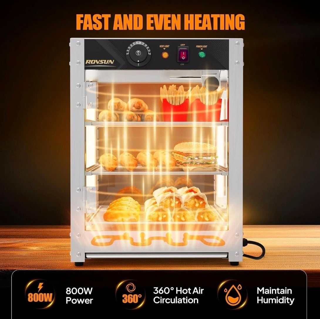 NEW- ROVSUN 3-Tier Commercial Food Warmer, 15" Pizza Warmer Food Warmer Display with LED Adjustable Lighting Glass Door Removable Shelves, Countertop Electric Food Warmer for Buffet Restaurant 110V 800W