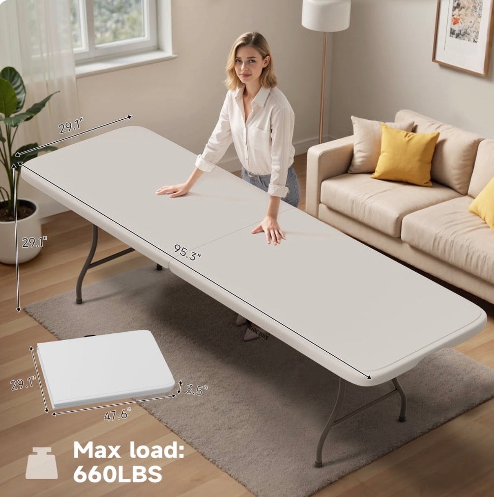 USED LIKE NEW- VINGLI 8 Foot Plastic Folding Table Portable Long Table for Indoor Outdoor Use Rectangular with Carrying Handle, White