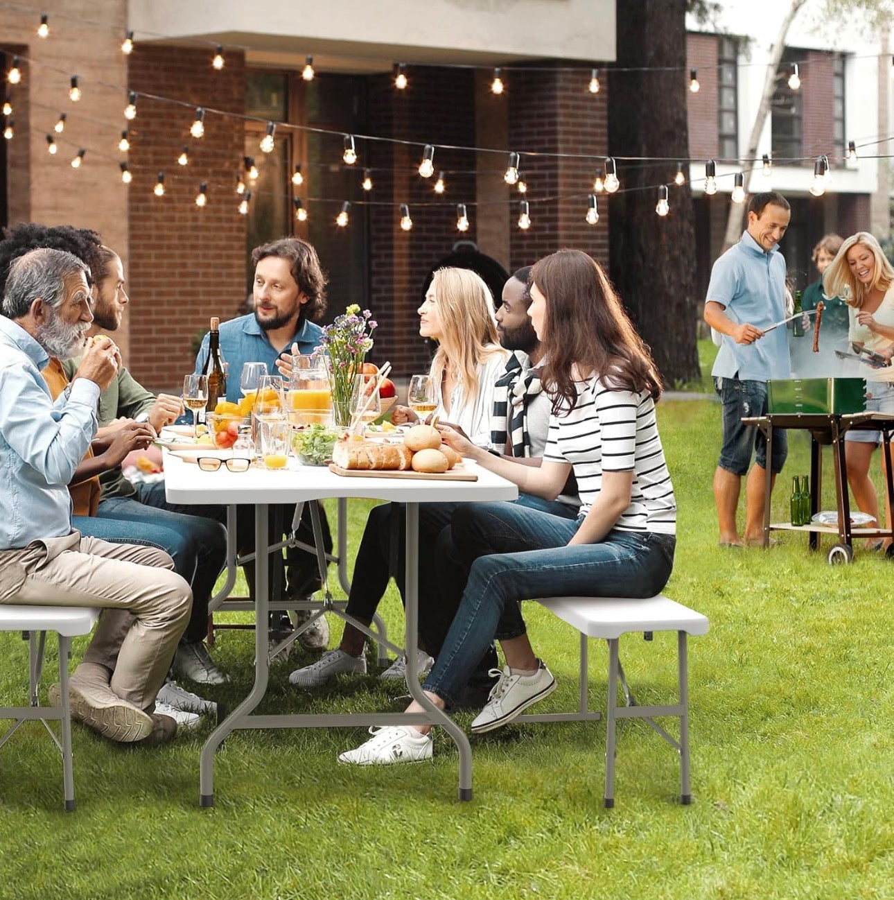 NEW- VINGLI 6 ft 3-Piece Portable Picnic White Table Bench Set, Weather-Resistant Plastic Folding Camping Beer Table w/Carrying Handles, for Family Garden Patio Outdoor Activities Use