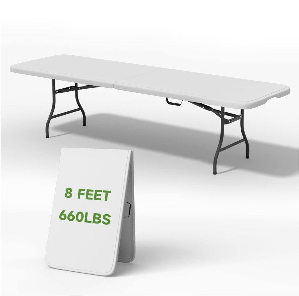 USED LIKE NEW- VINGLI 8 Foot Plastic Folding Table Portable Long Table for Indoor Outdoor Use Rectangular with Carrying Handle, White