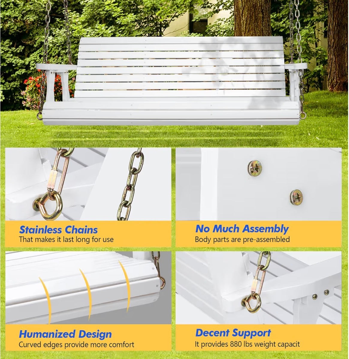 NEW- VINGLI Upgraded Patio Wooden Porch Swing for Courtyard & Garden, Heavy Duty 880 LBS Swing Chair Bench with Hanging Chains for Outdoors (5 FT, White)