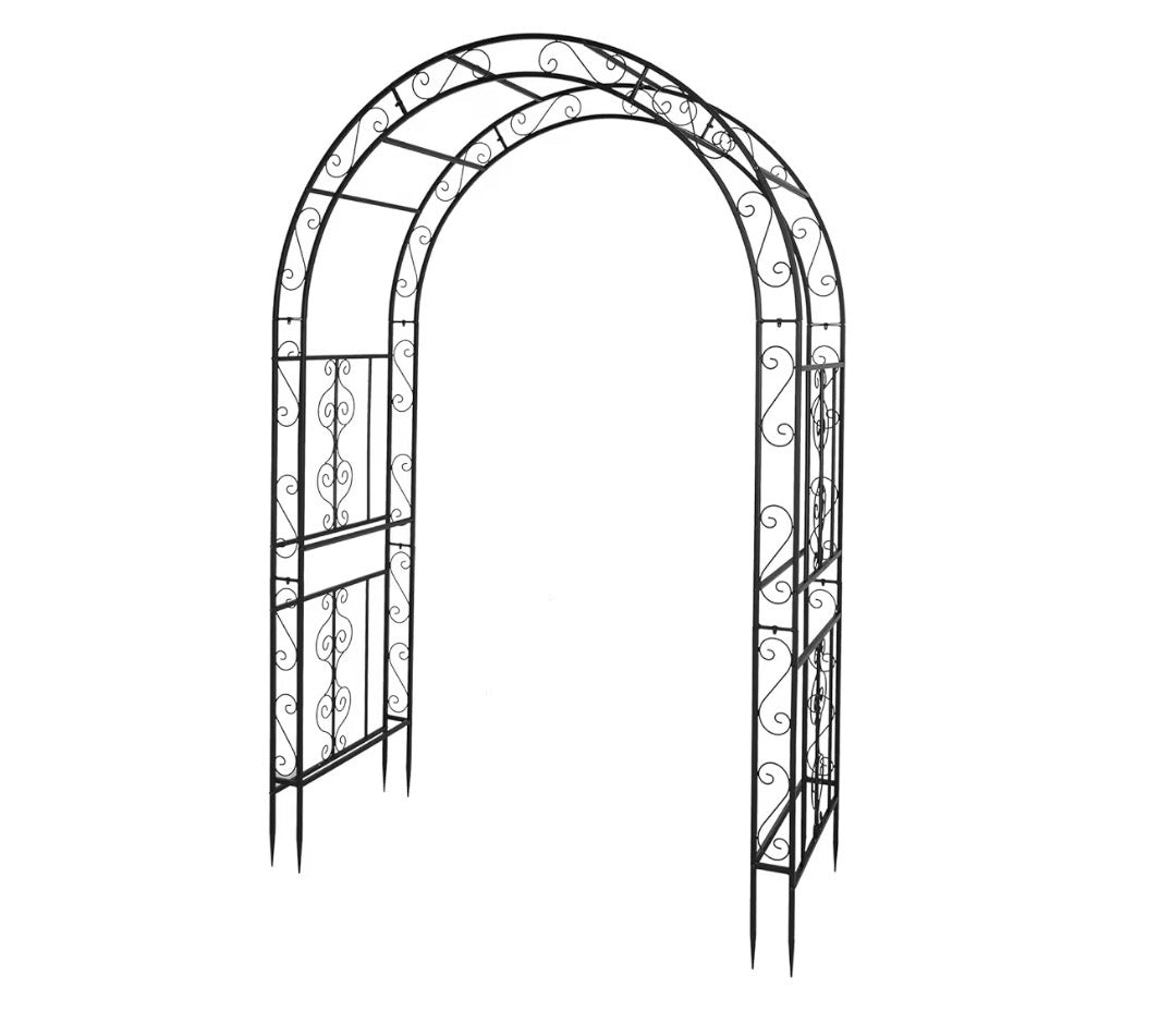 USED LIKE NEW- 7FT Heavy Duty Double Layer Iron Art Arc Top Iron Arch Black Steel, Garden Arbor with Side Garden Trellis, Rust-Resistant Powder Coated Wedding Arch Archway for Backyard, Vine Plants & Outdoor Decor - Includes Ground Stakes & Easy Assembly