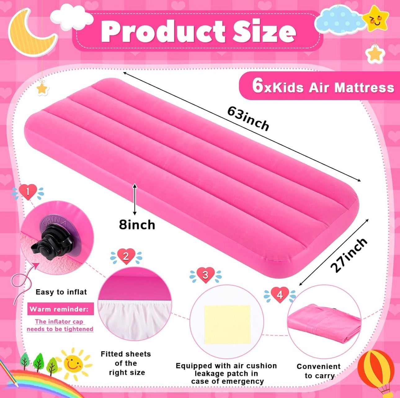 NEW- Windyun 6 Sets Air Mattress Bulk with Fitted Sheet, Inflatable Bed 63 x 27 x 8 Inches Blow up Airbed Camping Sleeping Pad for Birthdays Slumber Sleepover Party (White)