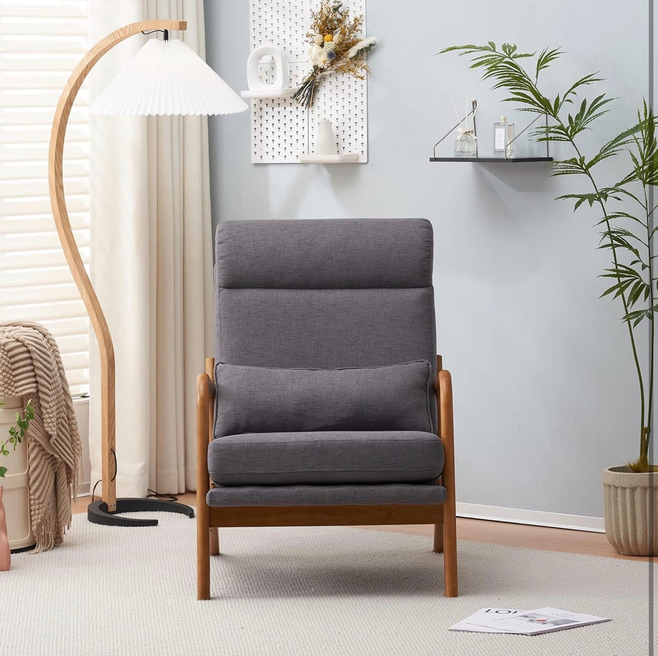 NEW- Bonnlo High Back Linen Dark Grey Mid Century Modern Accent Chair, Soild Wood Padding Lounge Armchairs Side Sitting Chairs for Living Room, Bedroom, Guest Room