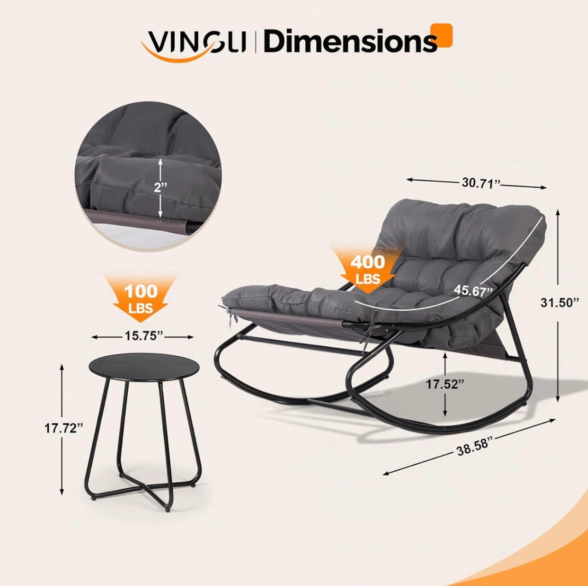 NEW- VINGLI Rocking Patio Chairs Set of 2 with Side Table, Heavy Duty 400 LBS Capacity, Padded Outdoor Indoor Rockers, Grey
