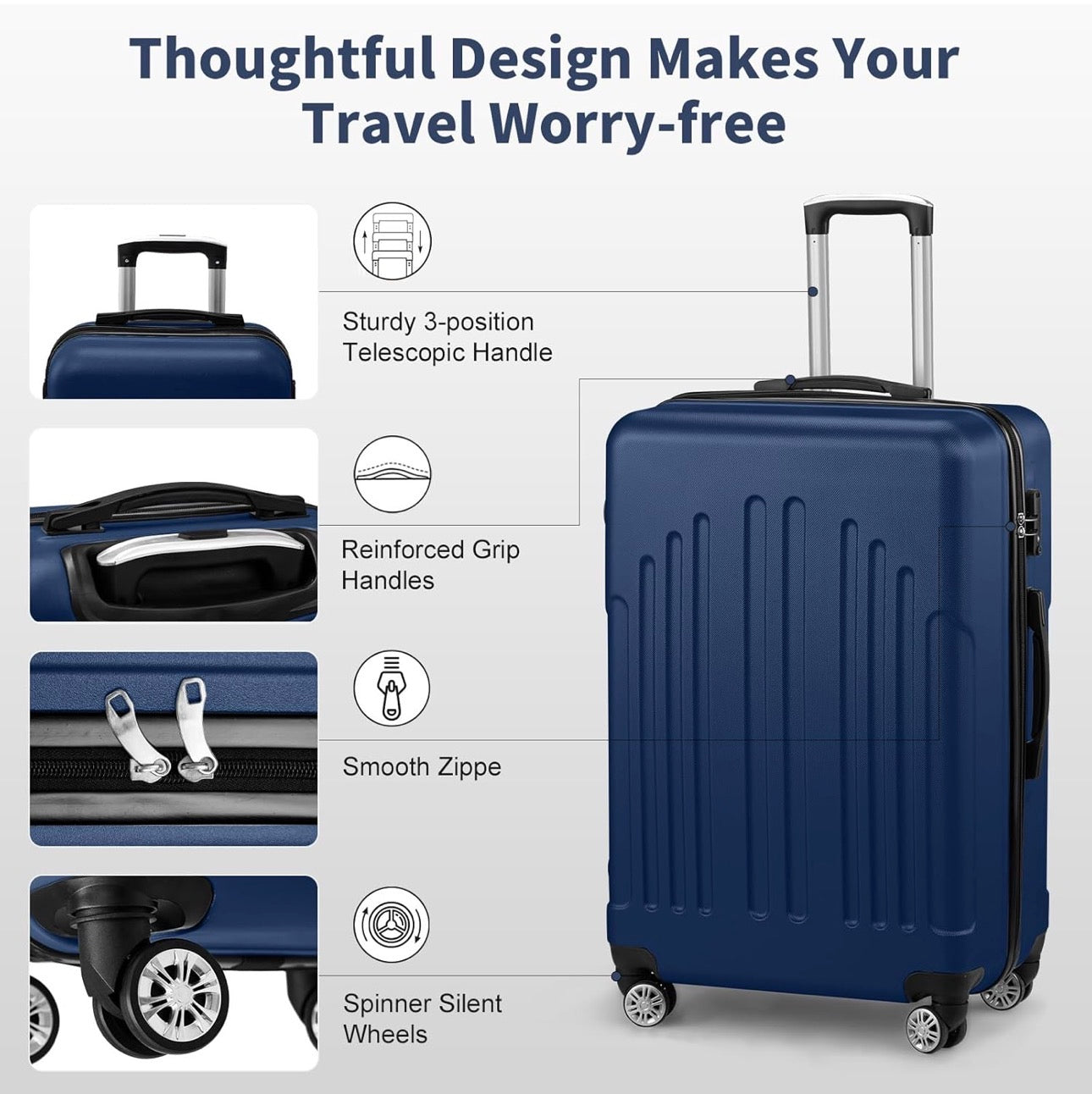 NEW- Karl home Carry On Luggage 22x14x9 Airline Approved, ABS Hardshell Suitcase with TSA Lock & Spinner Wheels, Durable Small Suitcase Rolling Luggage for Business Travel, Navy Blue