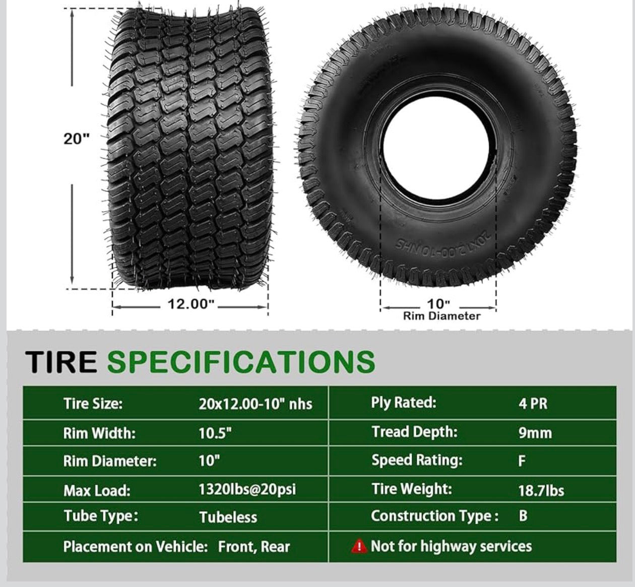 NEW- SUNROAD Lawn Mower Tires 20x12.00-10 Tires for Riding Lawn Mower and Garden Tractor, 4PR 20x12x10 20/12-10 Turf Bias tubeless to, 1320lbs Capacity, Set of 2