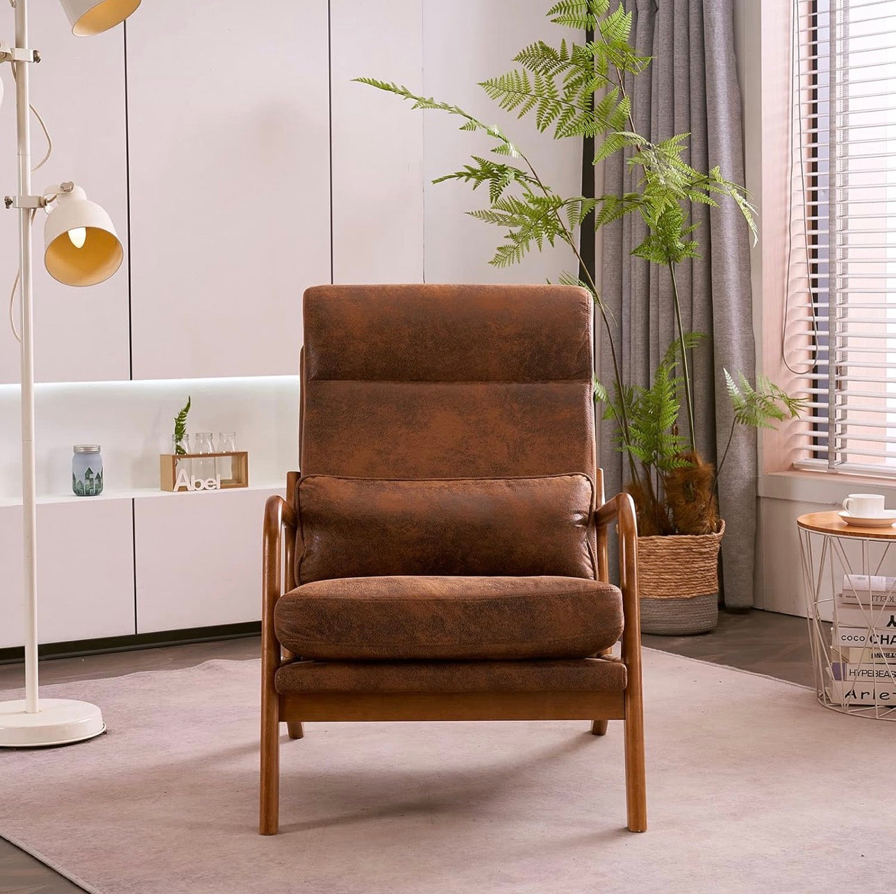 NEW- Bonnlo High Back Microfiber Rustic Mid Century Modern Accent Chair, Soild Wood Padding Lounge Armchairs Side Sitting Chairs for Living Room, Bedroom, Guest Room