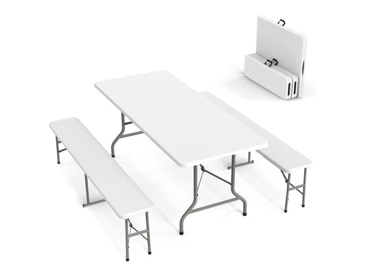 NEW- VINGLI 6 ft 3-Piece Portable Picnic White Table Bench Set, Weather-Resistant Plastic Folding Camping Beer Table w/Carrying Handles, for Family Garden Patio Outdoor Activities Use