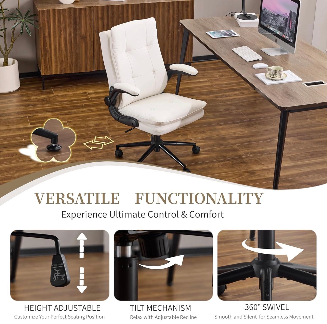 NEW- VINGLI Comfy White Leather Office Desk Chair, High-Back Support Ergonomic Computer Task Gaming Chair,with Removable wheels,360° Swivel,Adjustable Height,Flip-Up Arms,for Adults,Teen,Vanity,Home Office
