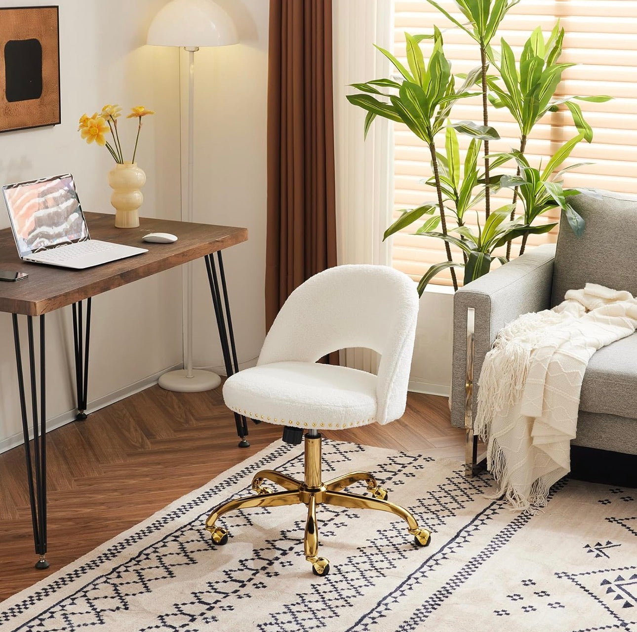NEW- VINGLI Modern Teddy Fluffy Small Office Chair,Cute Desk Chair with Wheels,Gold Base/Studs, Comfy Armless Swivel Vanity Task Chair for Women/Girl/Kids, Nail Tech Chair for Bedroom, Small Space, White