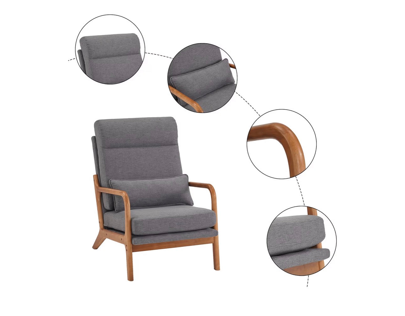 NEW- Bonnlo High Back Linen Dark Grey Mid Century Modern Accent Chair, Soild Wood Padding Lounge Armchairs Side Sitting Chairs for Living Room, Bedroom, Guest Room