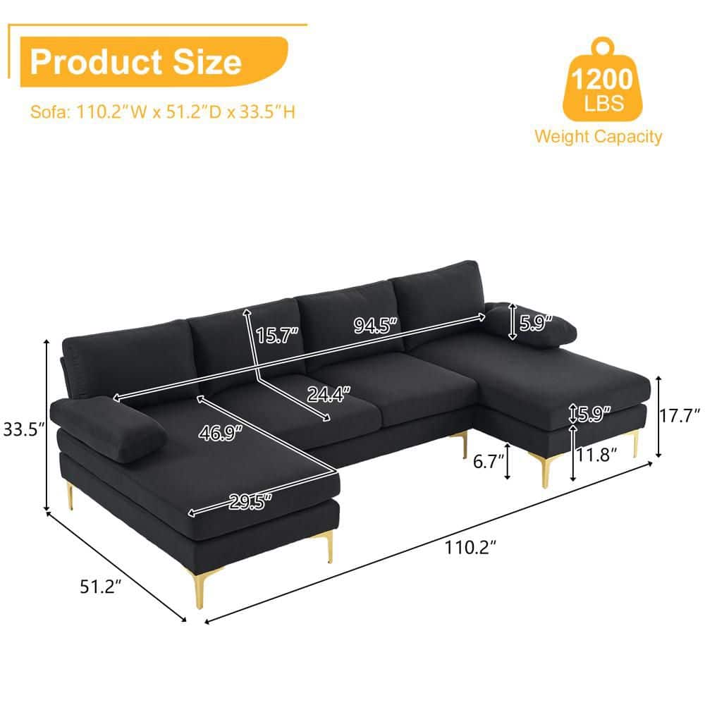 NEW- U-Shaped 3-Seat Modular Couch, Sectional Sofa Couch Large Sectional Couches for Home Apartment, Office, Living Room Solid Wood Frame Iron Back and Golden Feet Linen Upholstery Black