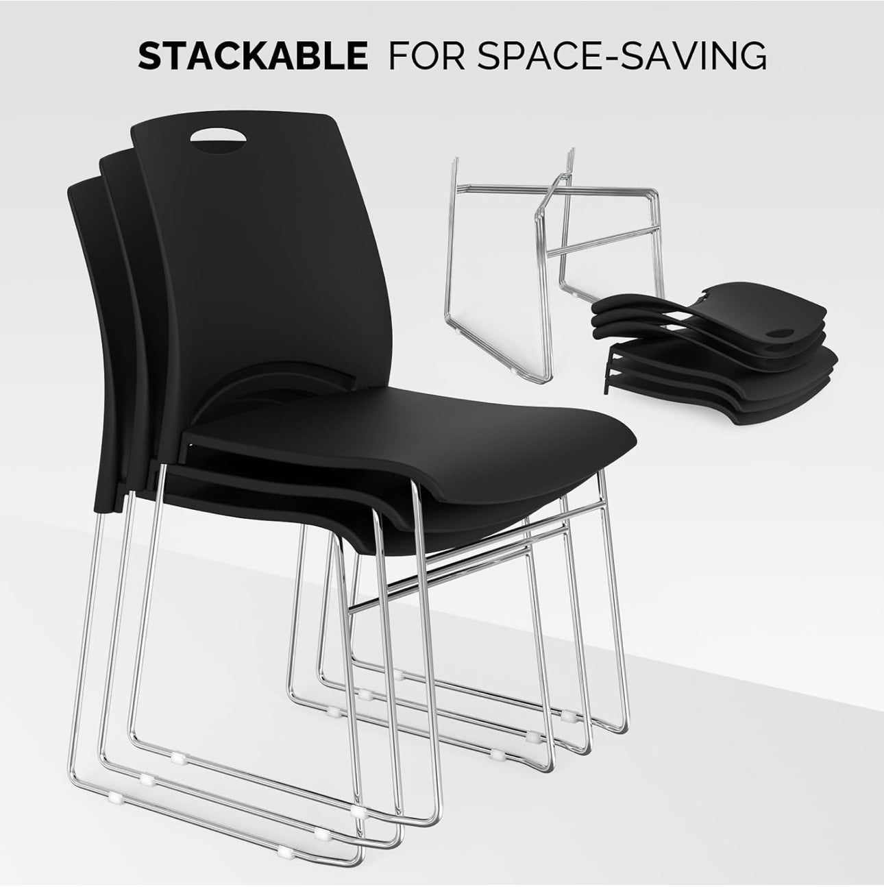 NEW- VINGLI Stacking Chairs Set of 5 Stackable Office Chairs with Metal Sled Base, Ergonomic Plastic Seat, Stacking Chairs for Waiting Room Break Room Banquet Guest, Black