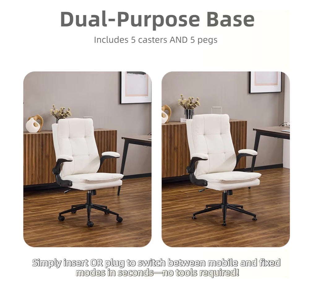 NEW- VINGLI Comfy White Leather Office Desk Chair, High-Back Support Ergonomic Computer Task Gaming Chair,with Removable wheels,360° Swivel,Adjustable Height,Flip-Up Arms,for Adults,Teen,Vanity,Home Office