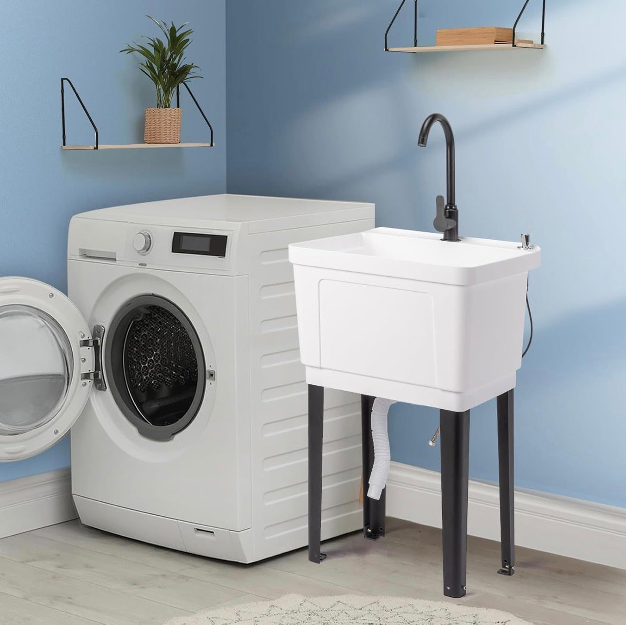 NEW- VINGLI 13-Gallon Utility Sink Laundry Tub for Washing Room, Freestanding Utility Sink with Stainless Steel Faucet, (White, 19.7"W × 18.9"D × 33"H)