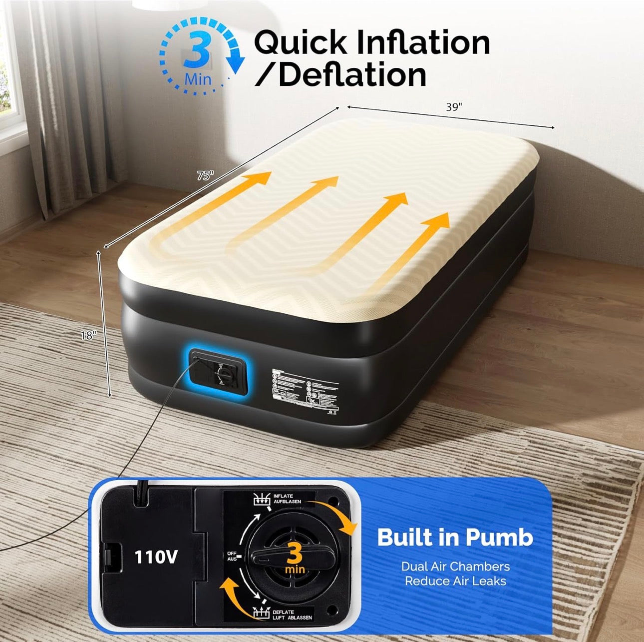 NEW- VINGLI Air Mattress with Built-in Pump, 18 Raised Blow Up Mattress with Soft Flocked Top, Leakproof Inflatable Mattress for Camping, Home, Guests,with Storage Bag (Luxury Kaqi, Twin)