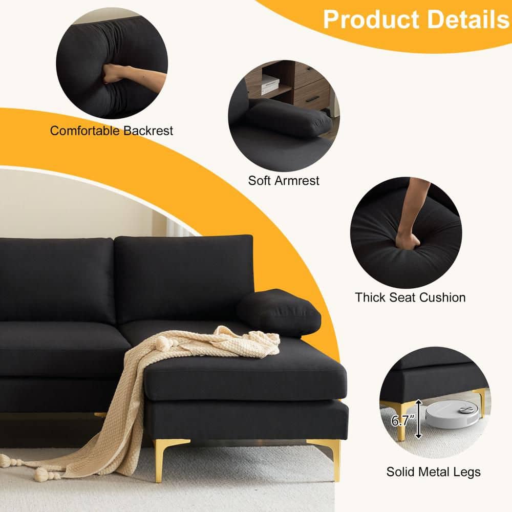 NEW- U-Shaped 3-Seat Modular Couch, Sectional Sofa Couch Large Sectional Couches for Home Apartment, Office, Living Room Solid Wood Frame Iron Back and Golden Feet Linen Upholstery Black