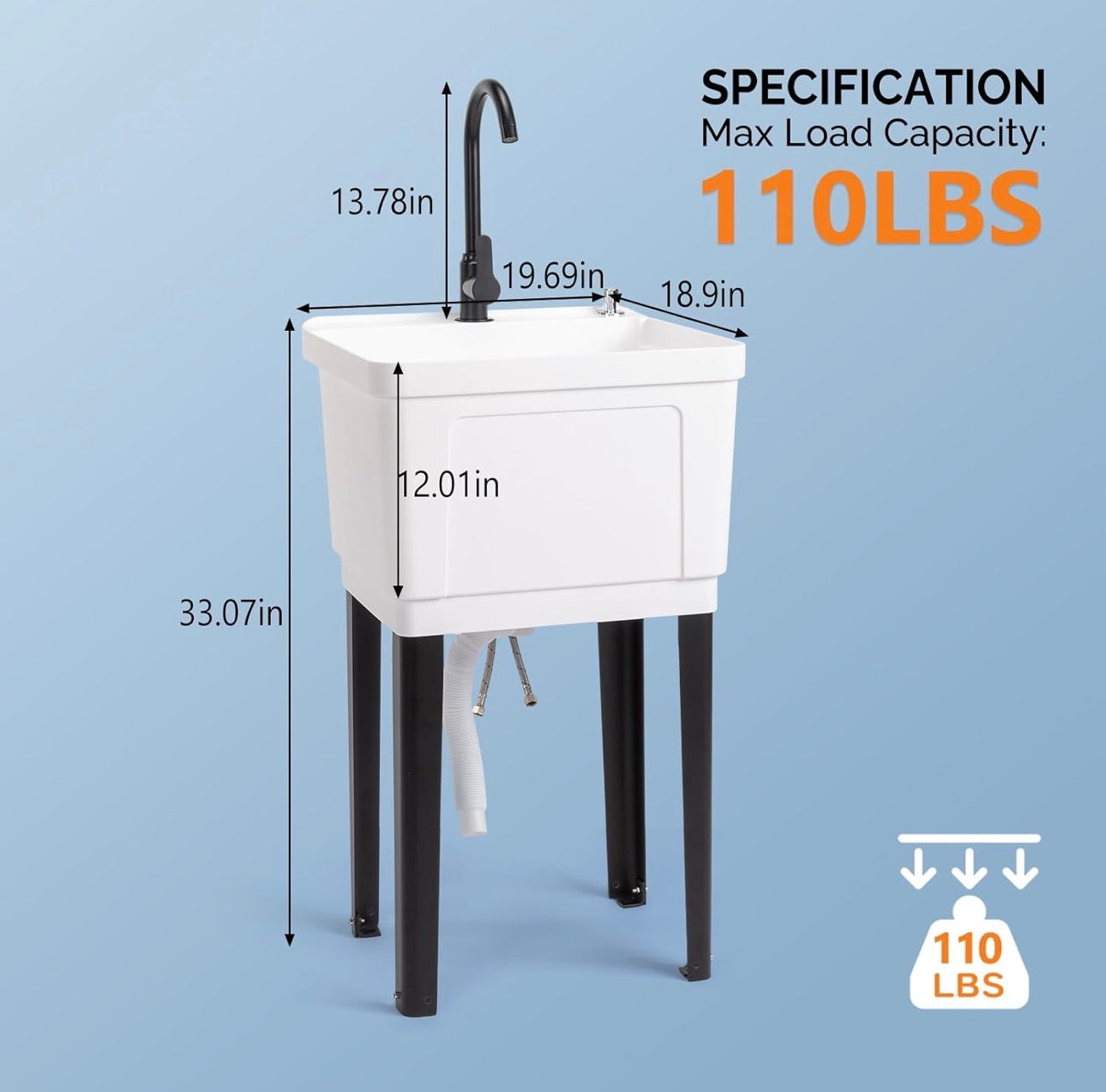 NEW- VINGLI 13-Gallon Utility Sink Laundry Tub for Washing Room, Freestanding Utility Sink with Stainless Steel Faucet, (White, 19.7"W × 18.9"D × 33"H)