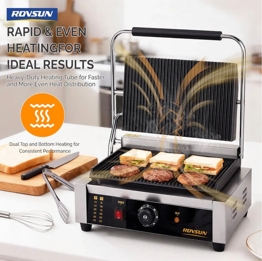 NEW- ROVSUN 811E Commercial Panini Press Grill, 2200W Stainless Steel Electric Countertop Sandwich Maker with Adjustable Temp 122°F-572°F, For Steak, Burgers, Home & Restaurant Use, 110V, Silver