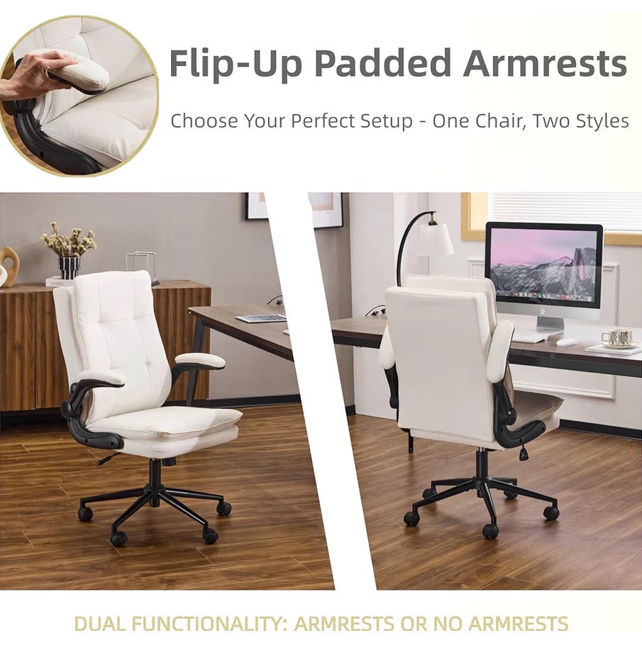 NEW- VINGLI Comfy White Leather Office Desk Chair, High-Back Support Ergonomic Computer Task Gaming Chair,with Removable wheels,360° Swivel,Adjustable Height,Flip-Up Arms,for Adults,Teen,Vanity,Home Office