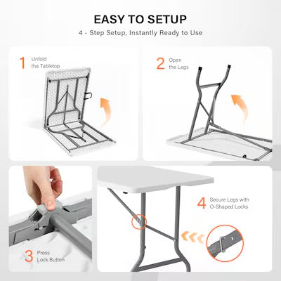USED LIKE NEW- VINGLI 6 Foot Plastic Folding Table Portable Long White Table for Indoor Outdoor Use Rectangular with Carrying Handle