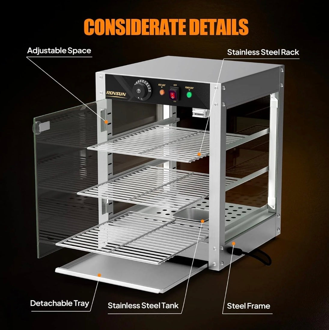 NEW- ROVSUN 3-Tier Commercial Food Warmer, 15" Pizza Warmer Food Warmer Display with LED Adjustable Lighting Glass Door Removable Shelves, Countertop Electric Food Warmer for Buffet Restaurant 110V 800W