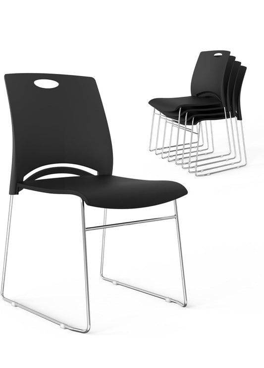 NEW- VINGLI Stacking Chairs Set of 5 Stackable Office Chairs with Metal Sled Base, Ergonomic Plastic Seat, Stacking Chairs for Waiting Room Break Room Banquet Guest, Black
