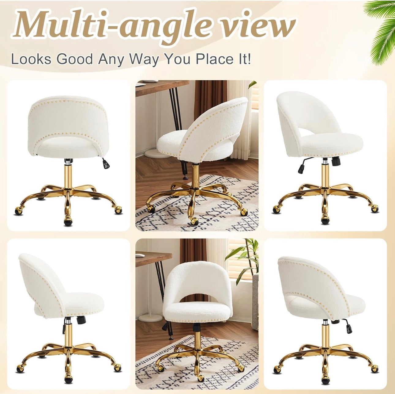 NEW- VINGLI Modern Teddy Fluffy Small Office Chair,Cute Desk Chair with Wheels,Gold Base/Studs, Comfy Armless Swivel Vanity Task Chair for Women/Girl/Kids, Nail Tech Chair for Bedroom, Small Space, White