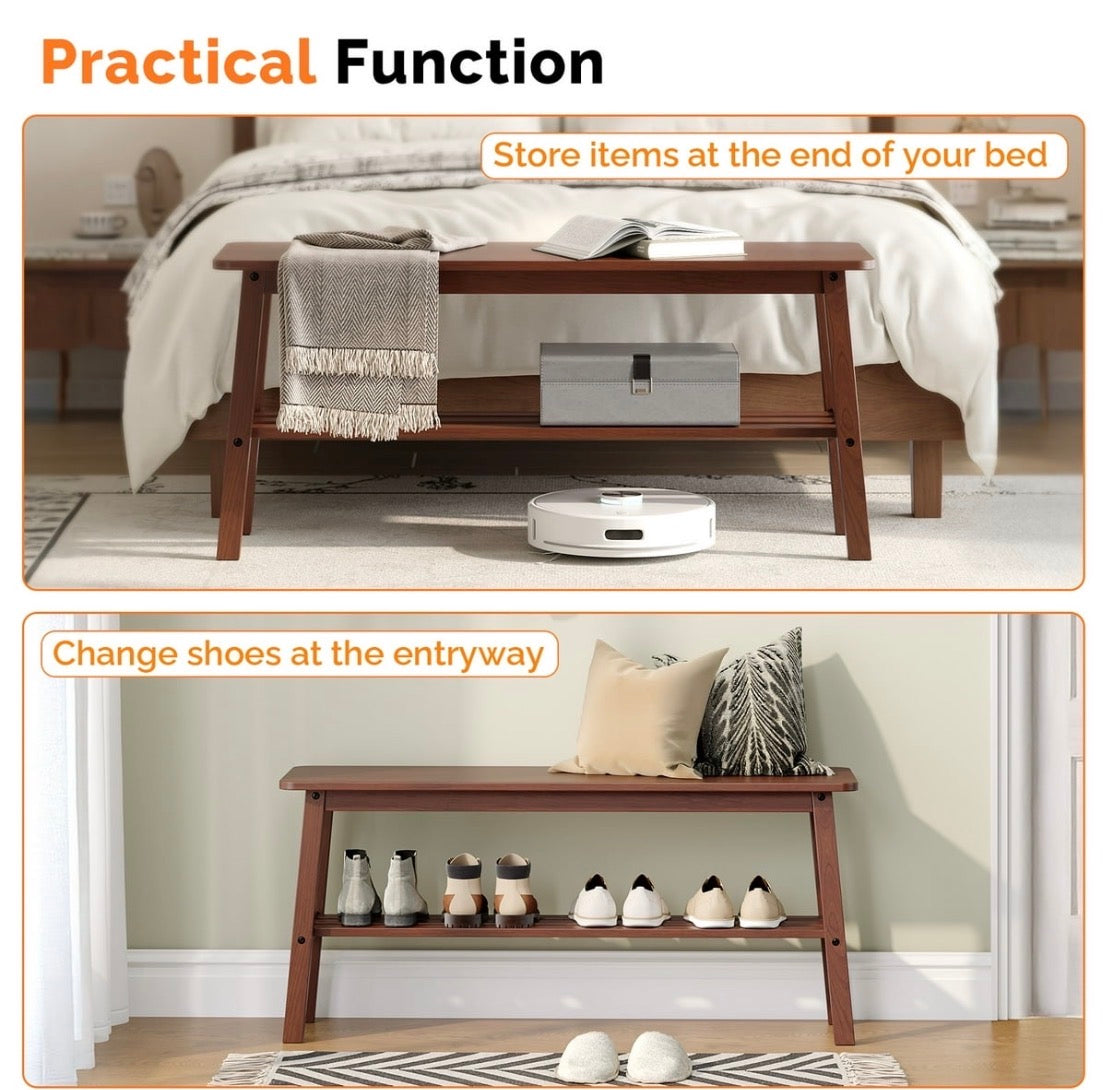 NEW- VINGLI Solid Wood Dining Bench 39" Wooden Bench for Entryway, Bedroom, Kitchen & Living Room, with Shoe Rack Storage (walnut)