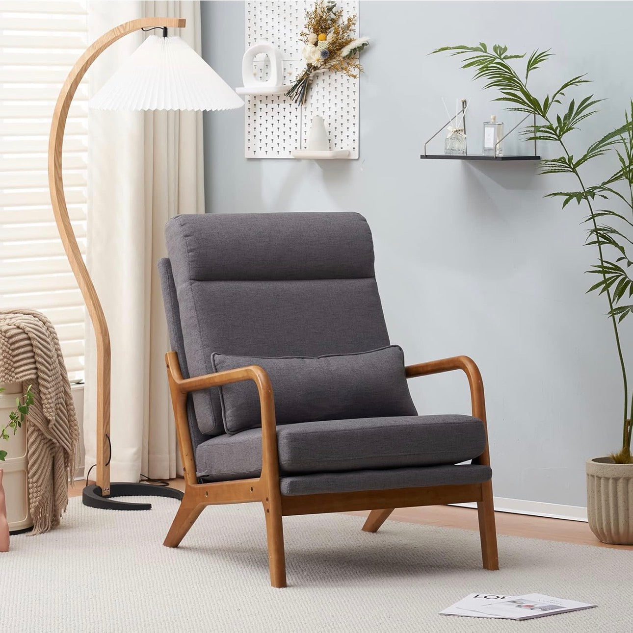 NEW- Bonnlo High Back Linen Dark Grey Mid Century Modern Accent Chair, Soild Wood Padding Lounge Armchairs Side Sitting Chairs for Living Room, Bedroom, Guest Room