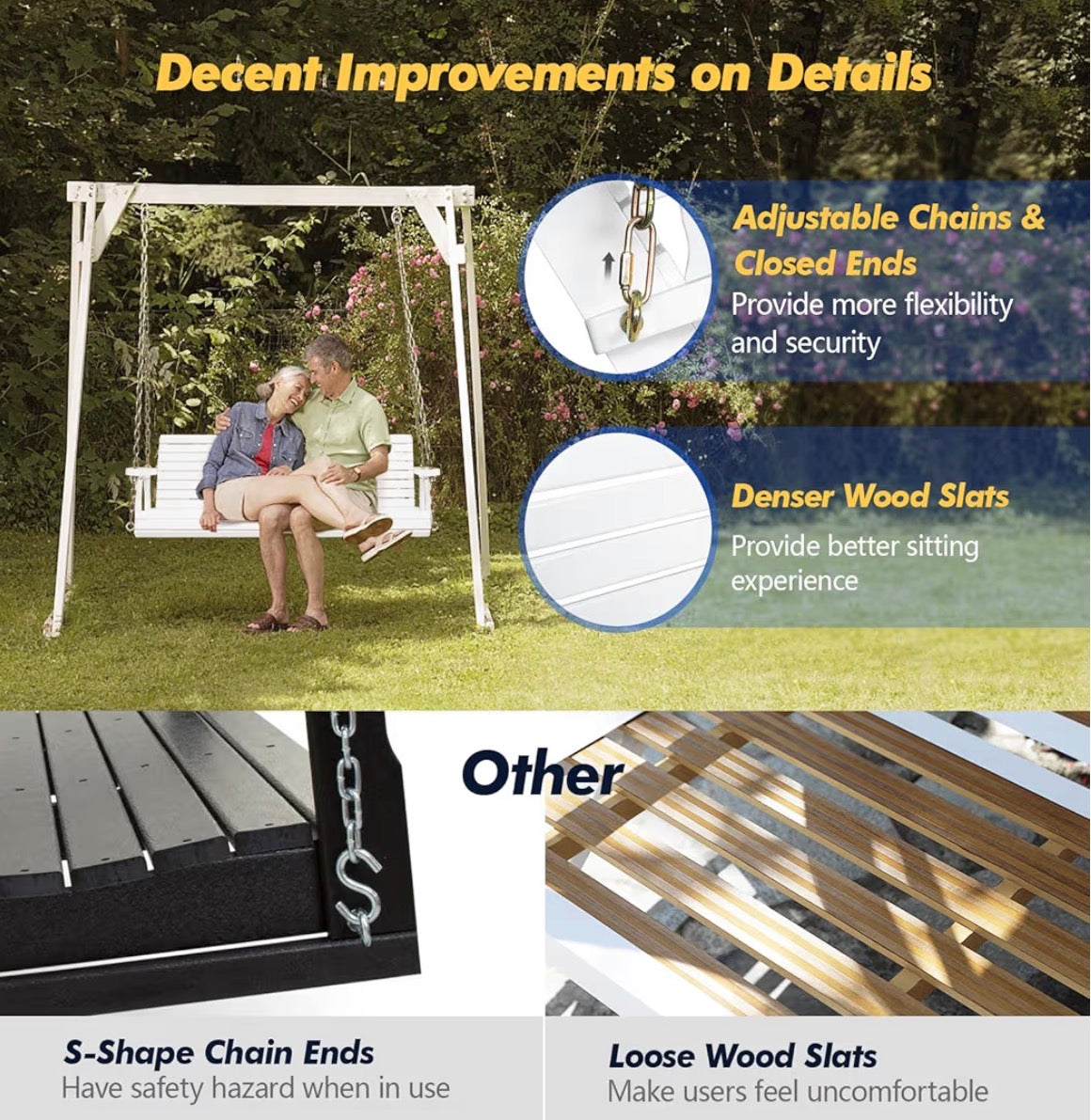 NEW- VINGLI Upgraded Patio Wooden Porch Swing for Courtyard & Garden, Heavy Duty 880 LBS Swing Chair Bench with Hanging Chains for Outdoors (5 FT, White)