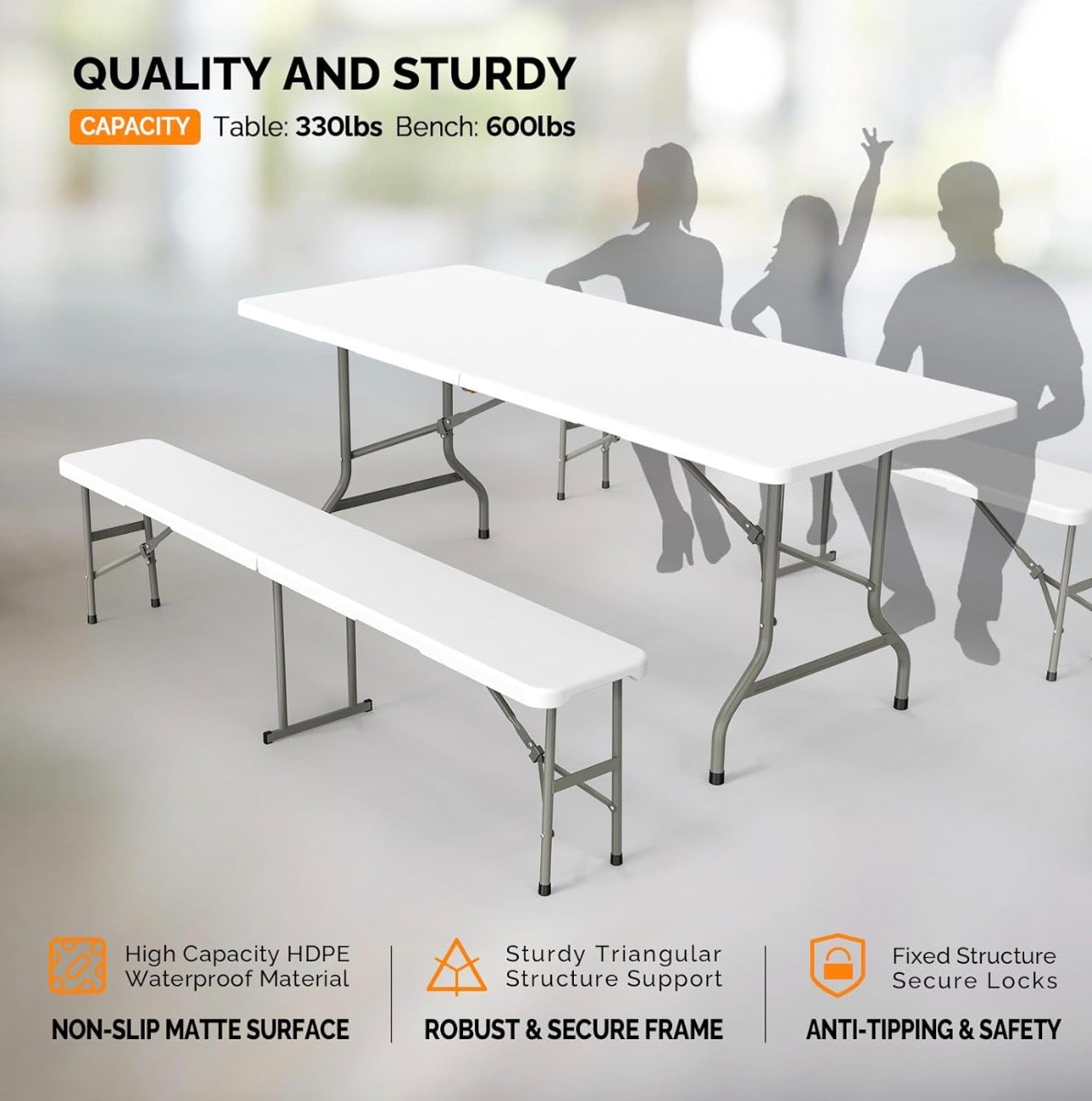 NEW- VINGLI 6 ft 3-Piece Portable Picnic White Table Bench Set, Weather-Resistant Plastic Folding Camping Beer Table w/Carrying Handles, for Family Garden Patio Outdoor Activities Use