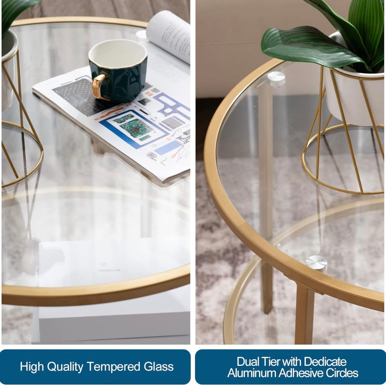 NEW- VINGLI 25.6" Round Gold Coffee Tables for Living Room, 2-Tier Glass Top Coffee Table with Storage Clear Coffee, Simple & Modern Center Table for Small Space