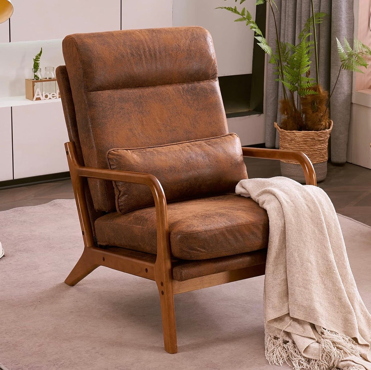 NEW- Bonnlo High Back Microfiber Rustic Mid Century Modern Accent Chair, Soild Wood Padding Lounge Armchairs Side Sitting Chairs for Living Room, Bedroom, Guest Room