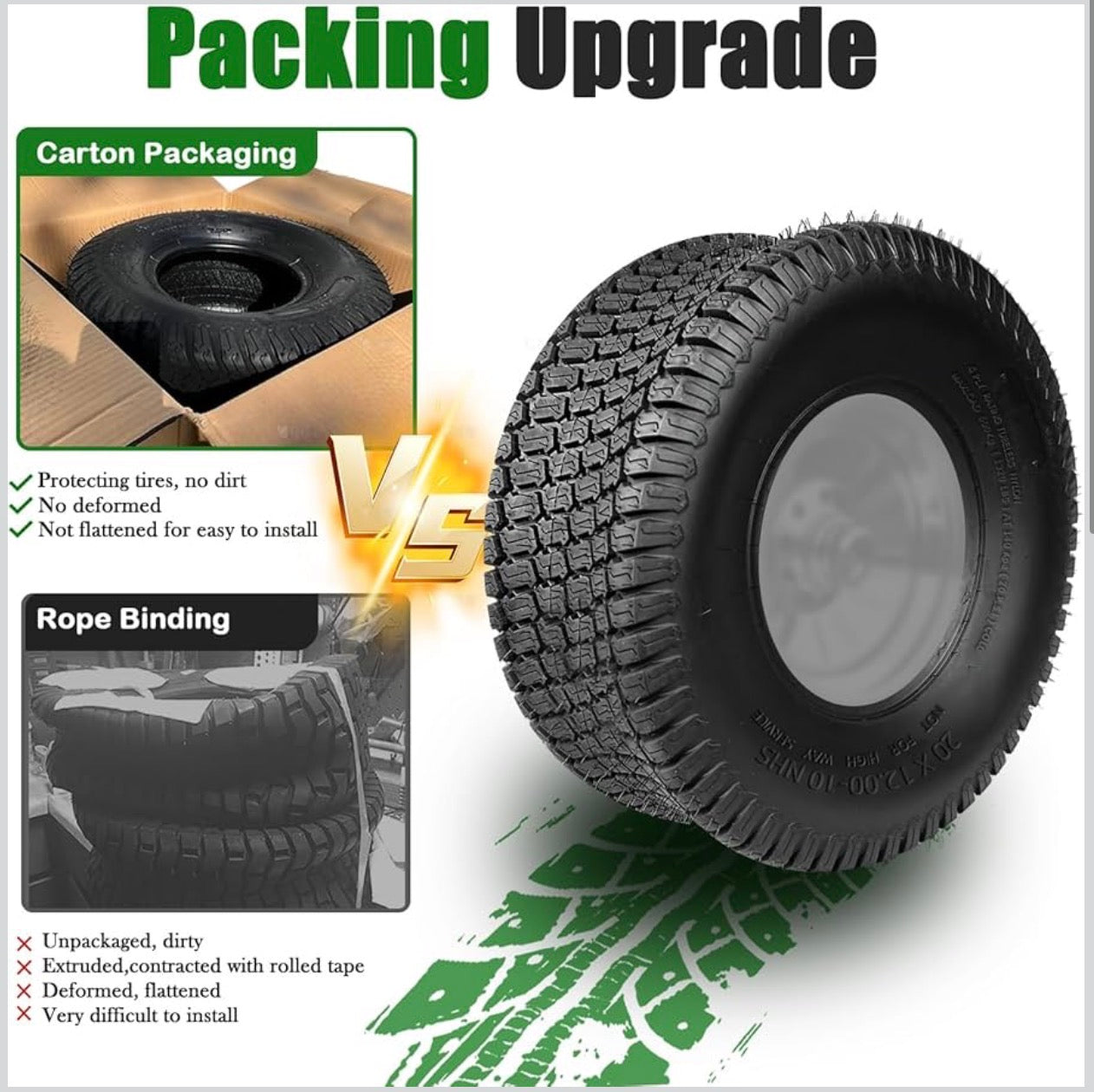 NEW- SUNROAD Lawn Mower Tires 20x12.00-10 Tires for Riding Lawn Mower and Garden Tractor, 4PR 20x12x10 20/12-10 Turf Bias tubeless to, 1320lbs Capacity, Set of 2