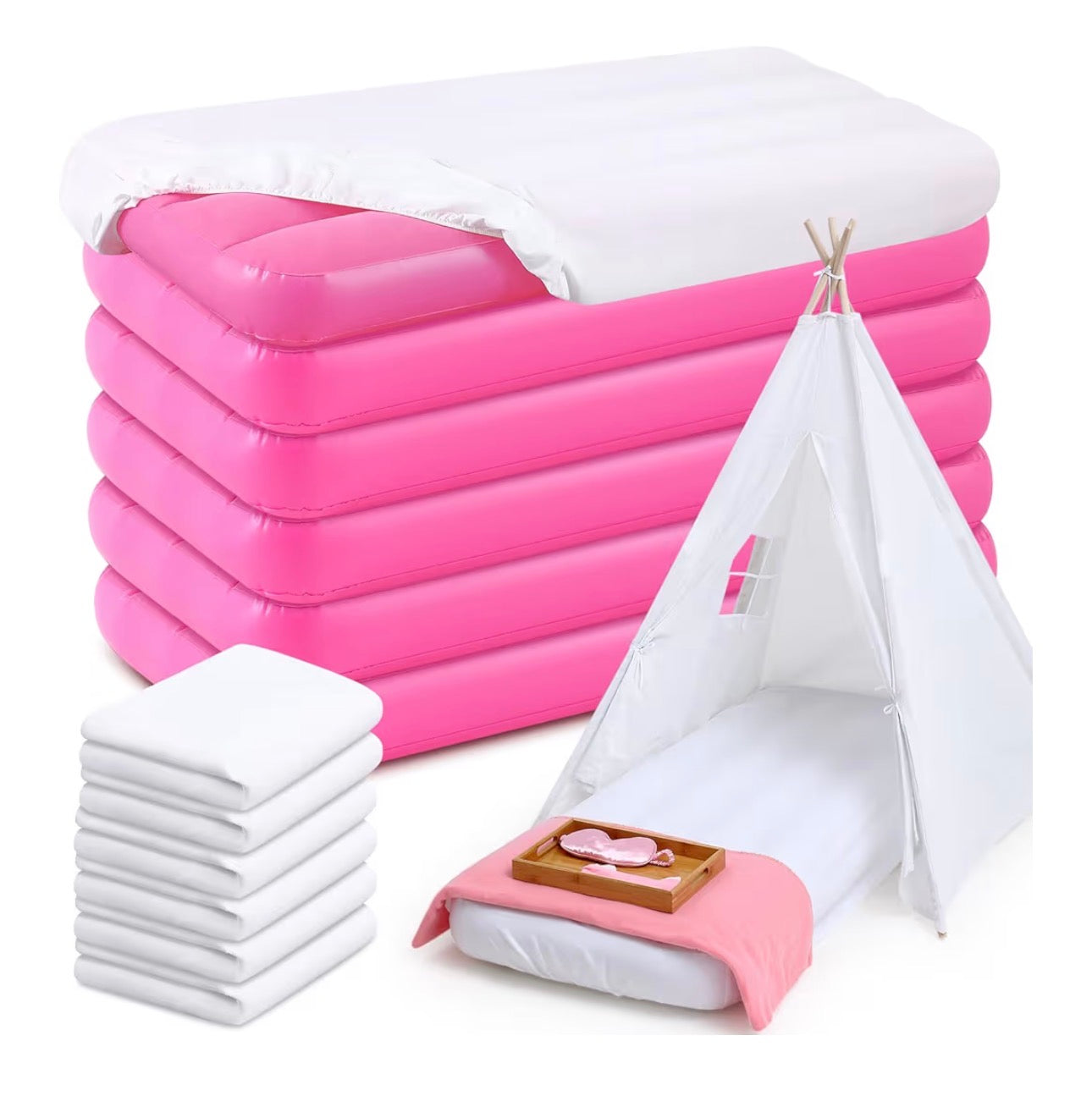 NEW- Windyun 6 Sets Air Mattress Bulk with Fitted Sheet, Inflatable Bed 63 x 27 x 8 Inches Blow up Airbed Camping Sleeping Pad for Birthdays Slumber Sleepover Party (White)
