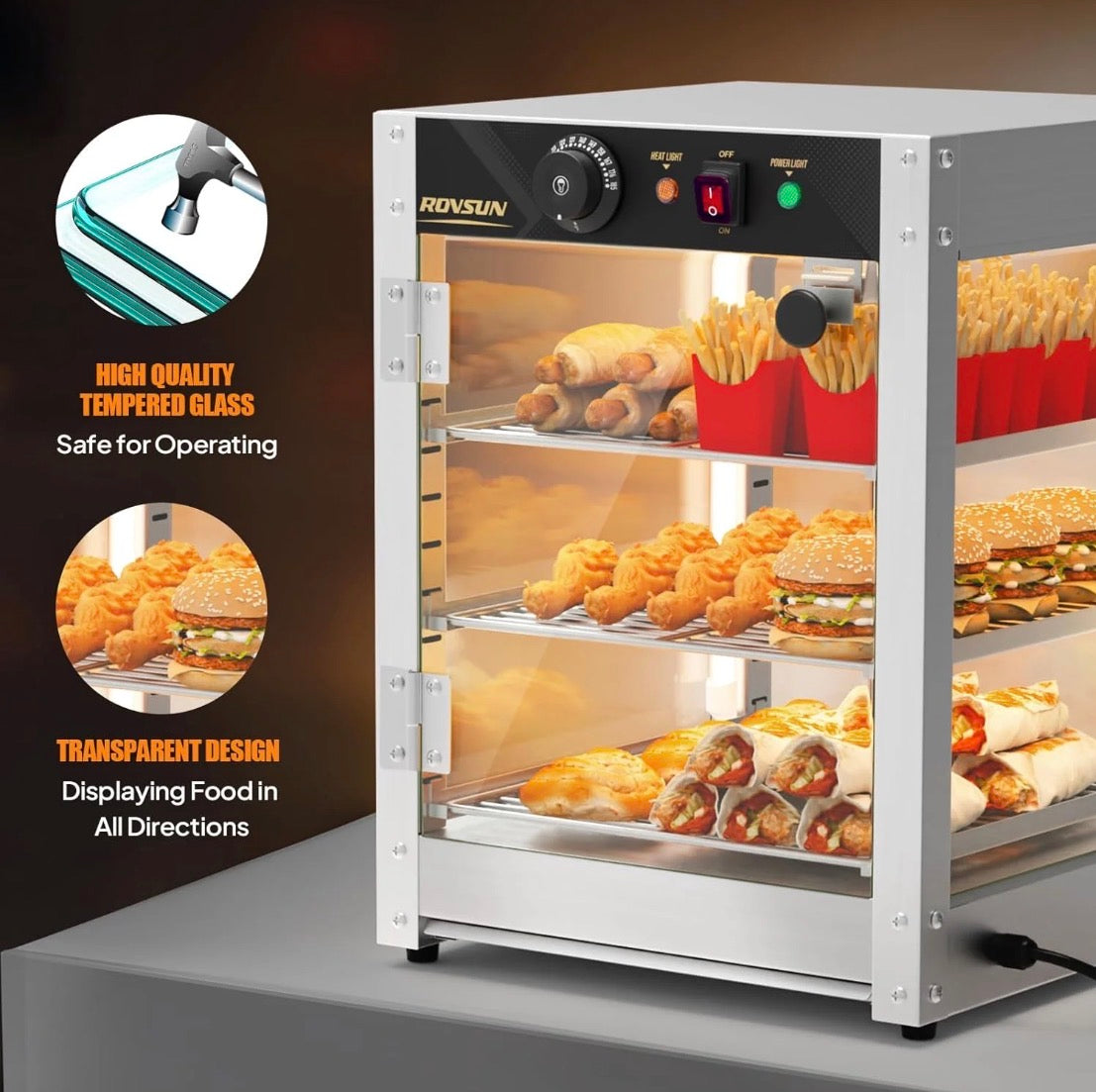 NEW- ROVSUN 3-Tier Commercial Food Warmer, 15" Pizza Warmer Food Warmer Display with LED Adjustable Lighting Glass Door Removable Shelves, Countertop Electric Food Warmer for Buffet Restaurant 110V 800W