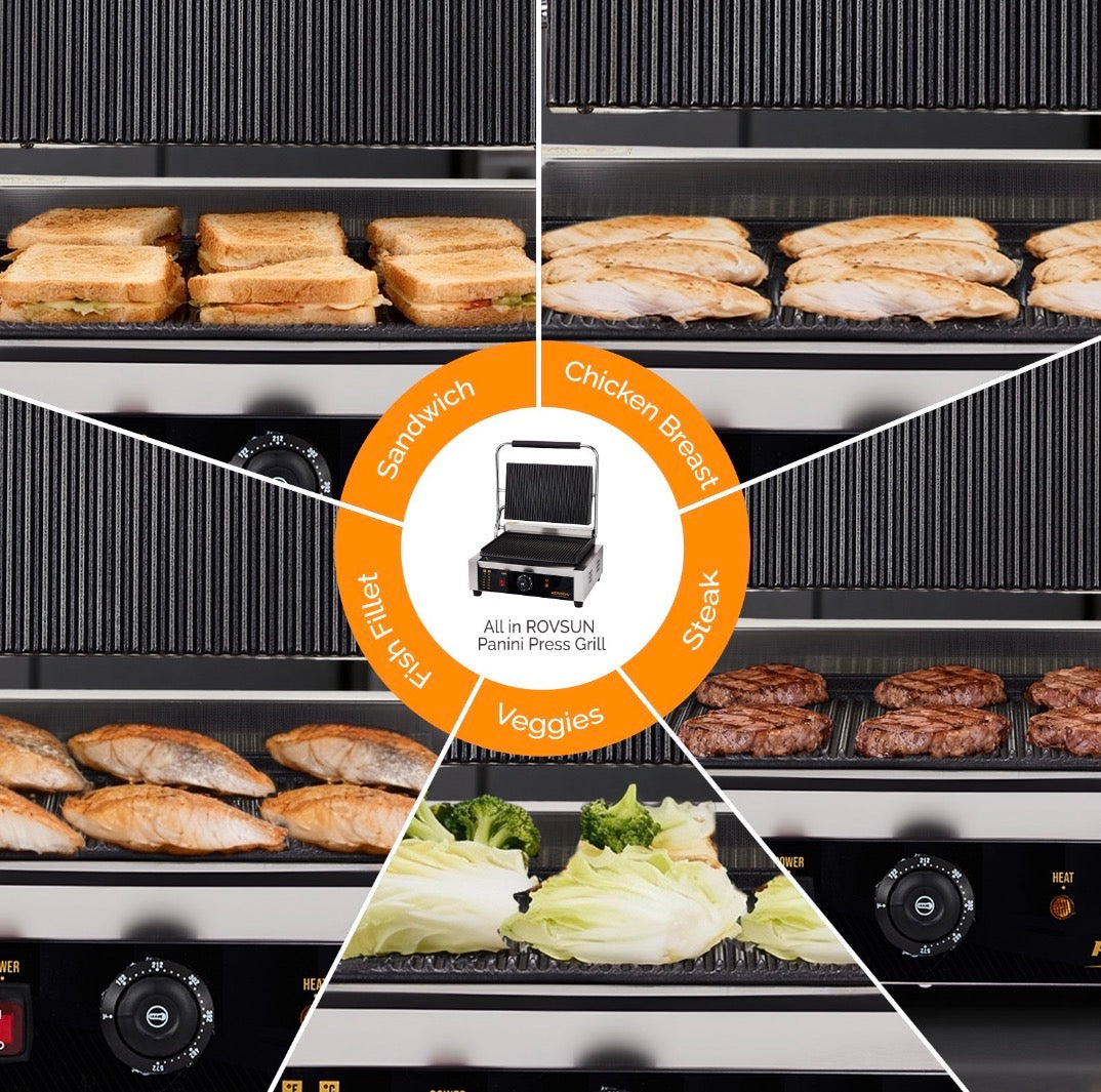 NEW- ROVSUN 811E Commercial Panini Press Grill, 2200W Stainless Steel Electric Countertop Sandwich Maker with Adjustable Temp 122°F-572°F, For Steak, Burgers, Home & Restaurant Use, 110V, Silver