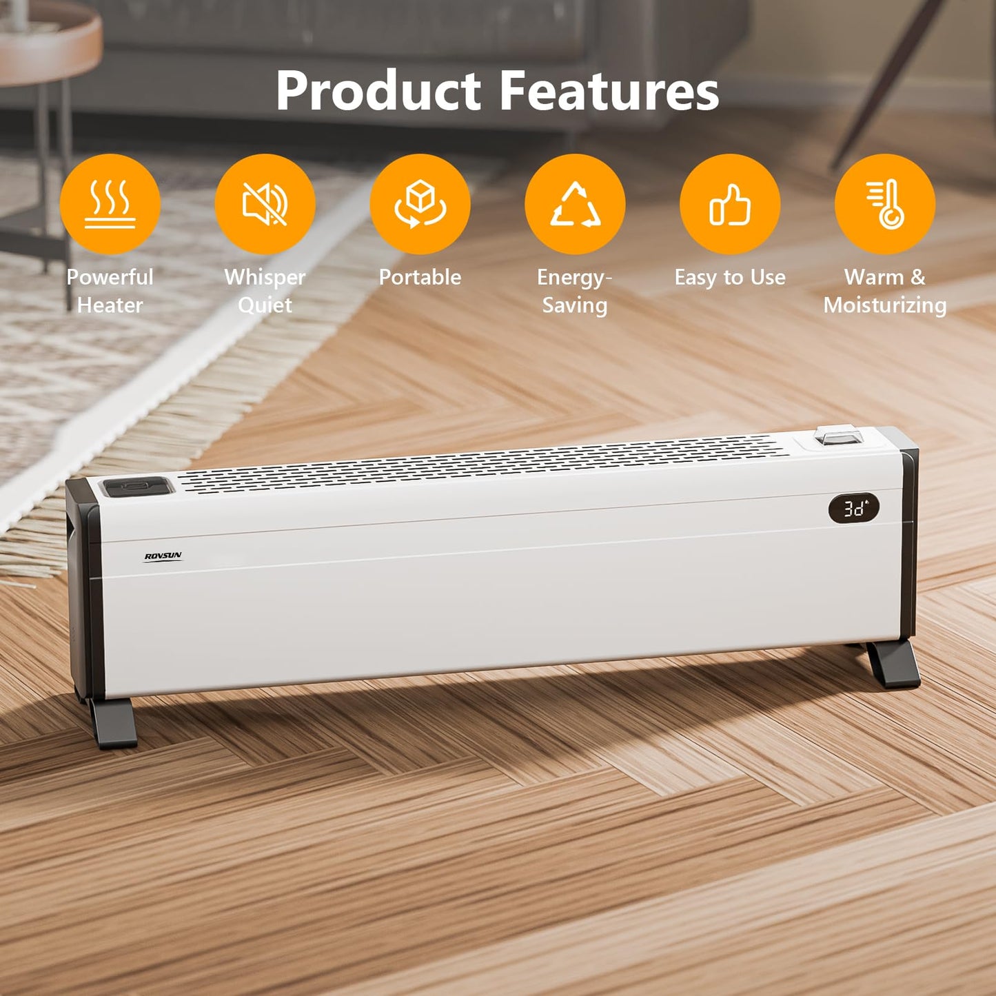 NEW- ROVSUN 32'' Electric Baseboard Heater with Easy Button Control, 1500W Convection Space Heater w/Adjustable Heating Modes, Overheat & Tip-Over Protection for Indoor Home Bedroom Office,